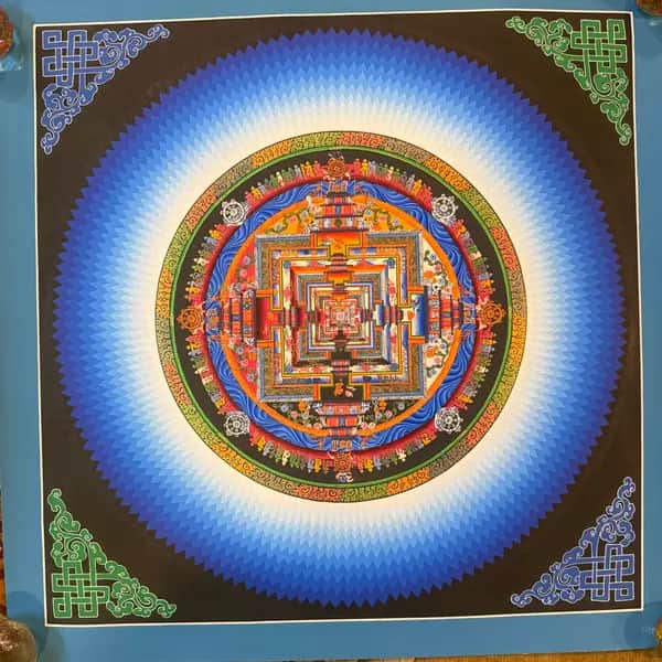Kalachakra Mandala Thangka, Hand-Painted in Nepal | Blue Sunburst Halo | 50 x 50 cm