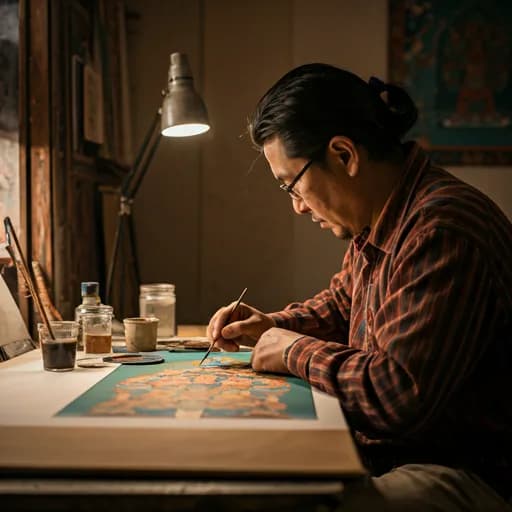 Collector reviewing thangka painting details