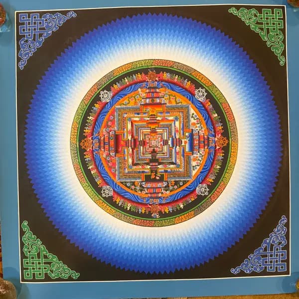 Kalachakra Mandala Thangka, Hand-Painted in Nepal | Blue Sunburst Halo | 50 x 50 cm image 1